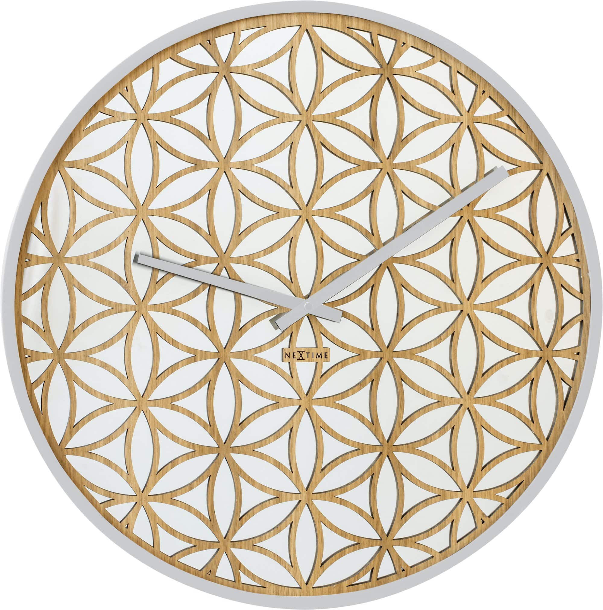 NeXtime Clocks Bella Mirror wall clock, 50cm with wood frame and mirror accents, stylish decorative timepiece for modern interiors.